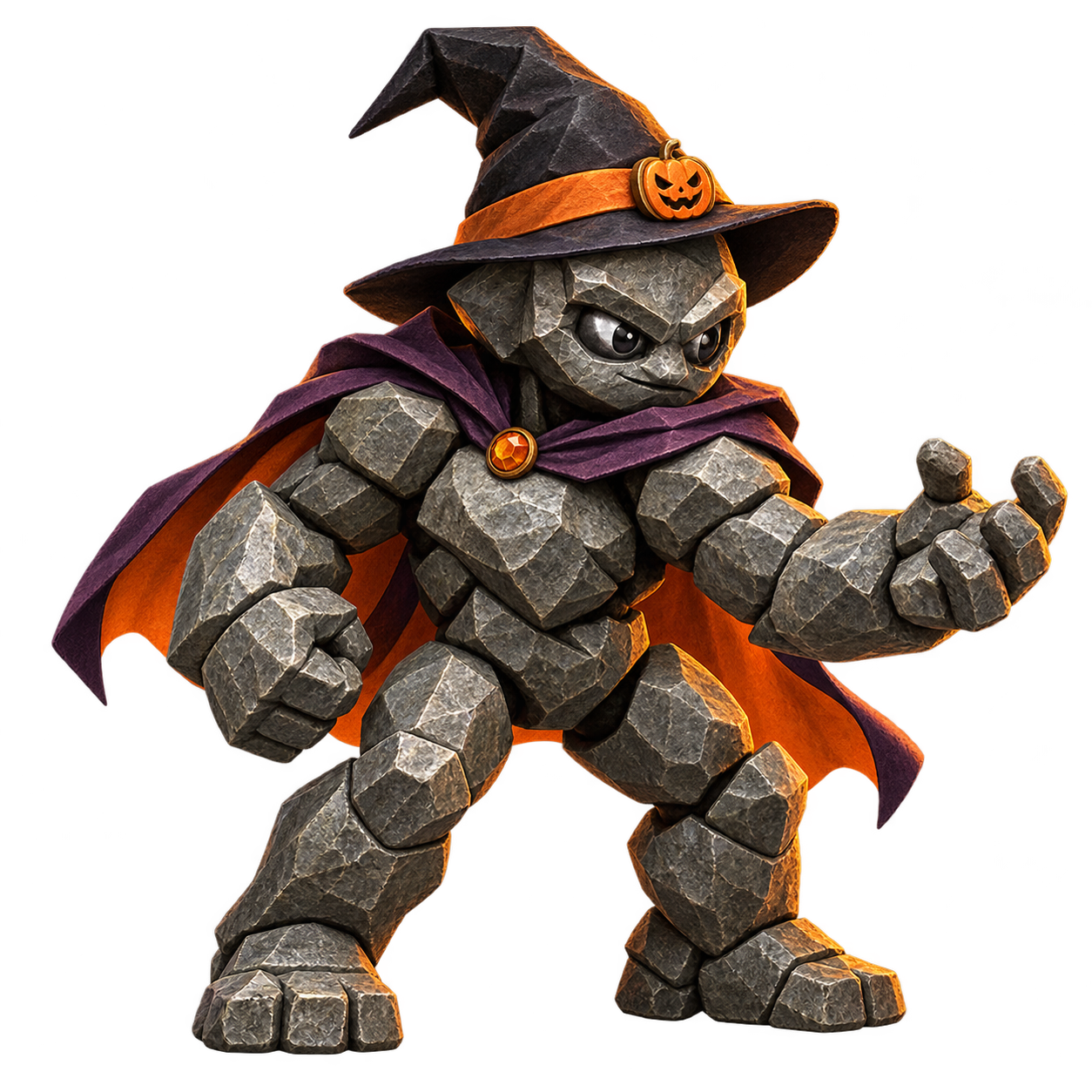 Golem mascot in a witch hat and a plum-and-orange cape