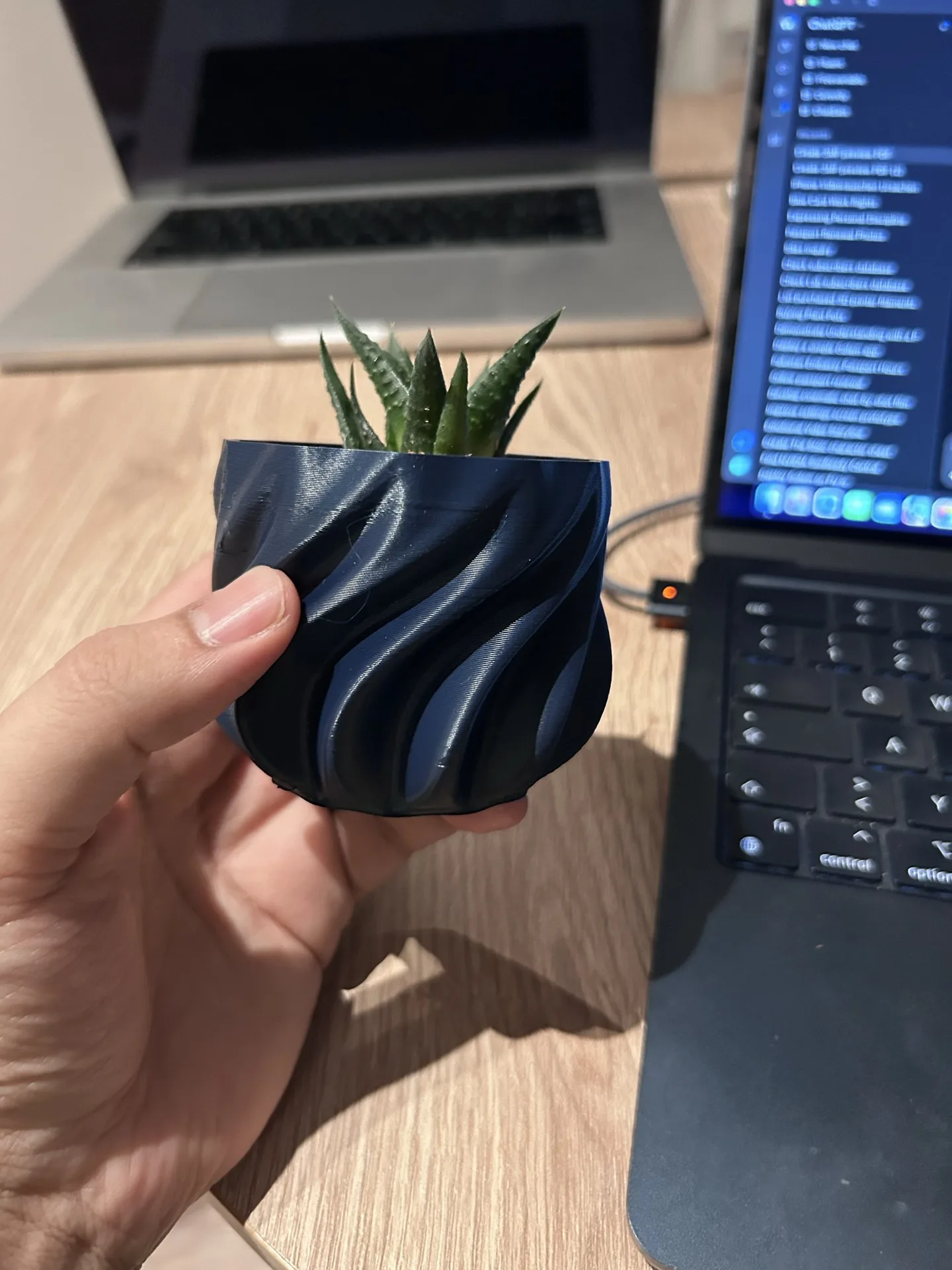 A handheld view of the completed navy ribbed planter with the plant inside.